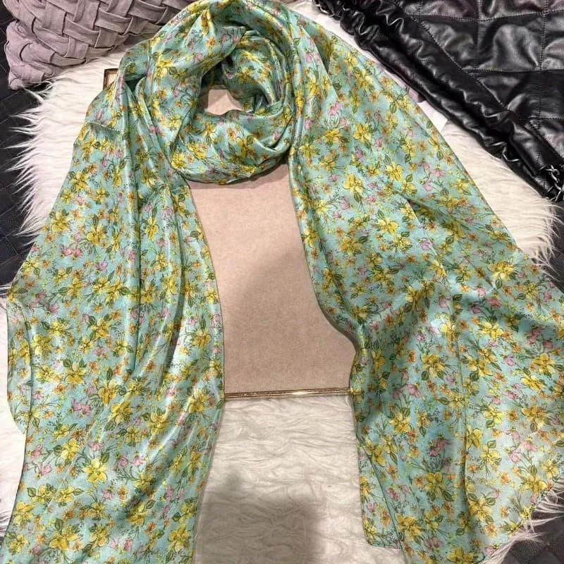 Sciarpa Leggera Grande in Seta di Gelso 100% da Donna, Sciarpa Ovale da Collo, Copricapo da Spiaggia, Confezione Regalo, Stampa Floreale Verde