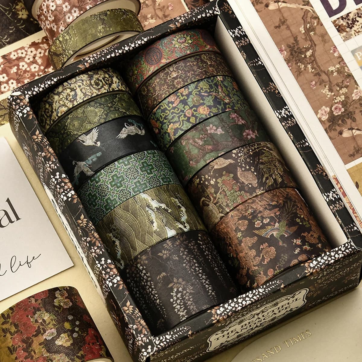 12 Rolls Vintage Printed Washi Tape Set, DIY Scrapbooking Decorative Tape for Handmade Gifts and School Supplies