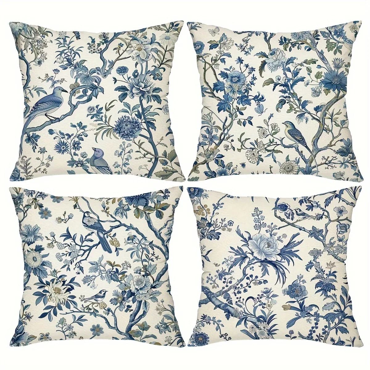 Retro Blue Floral Bird Pattern Printed Pillowcase Living Room Sofa Cushion Cover Bedroom Room Home Decoration Cushion Case