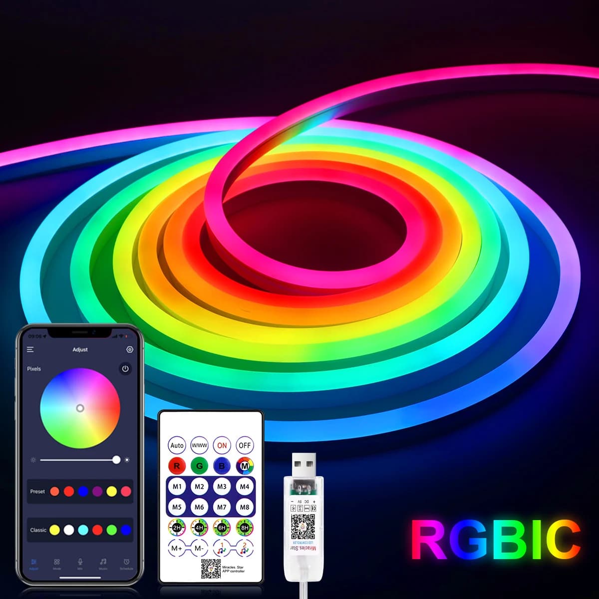 USB RGBIC 5V Neon LED Strip Light Bluetooth Fata Luci Neon LED impermeabile Nastro luminoso per l'illuminazione della decorazione dell'armadio da parete della stanza