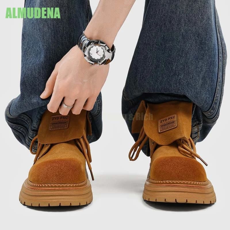 Trending Male Short Combat Boots Matte Distressed Suede Upper Foldable Snap Cuff Brand Fabric Hiking Daily Closed Toe Footwear