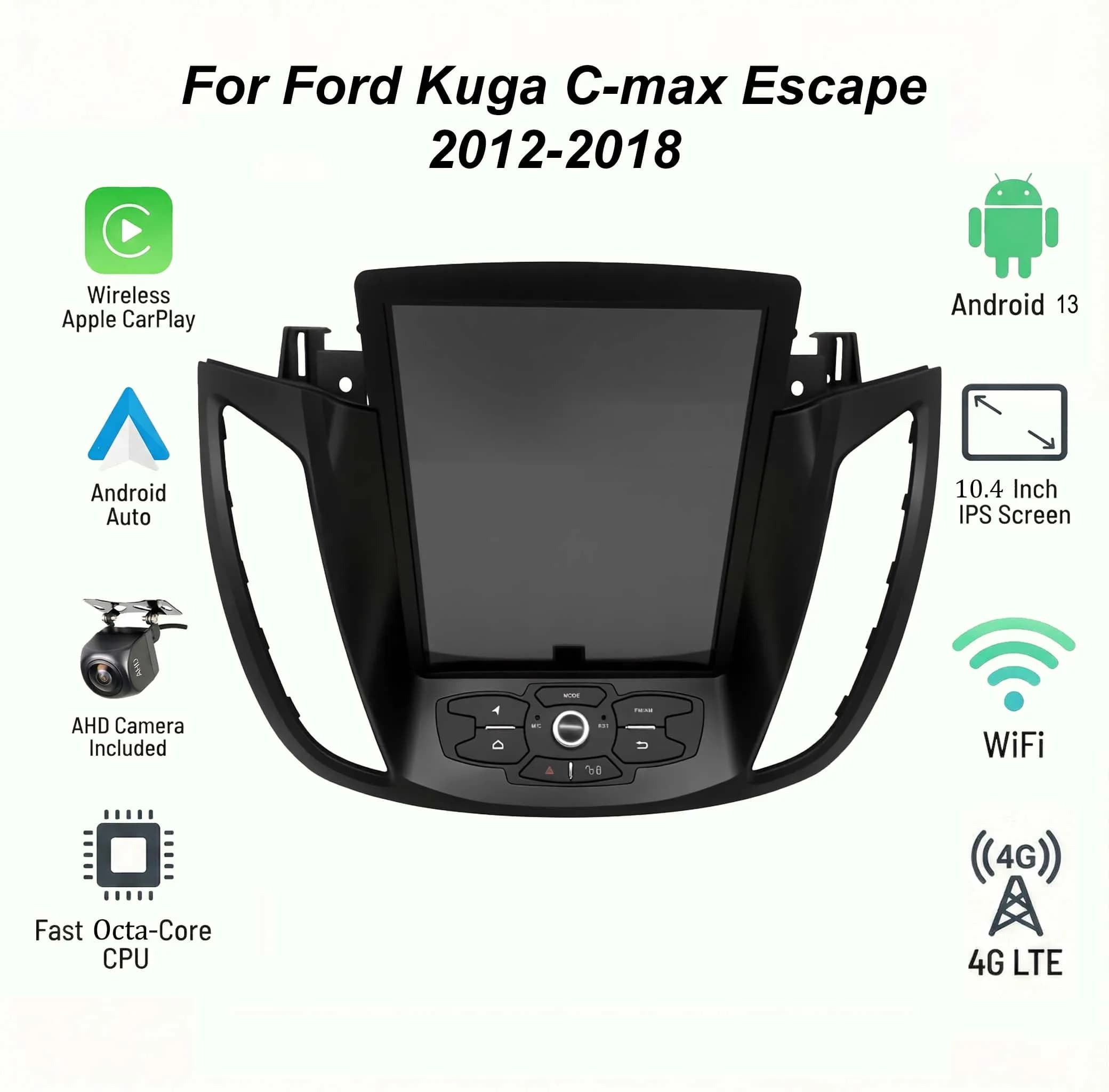 Autoradio Android 13 da 10.4 Pollici Stile Tesla per Ford Escape Kuga C-max 2012-2018, CarPlay Wireless, Android Auto, GPS, Navigazione, Radio