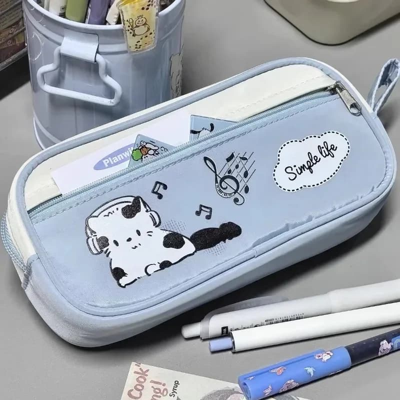 Korean Cute Cartoon Music Cat Pencil Case Drawstring Design Two-layer Portable Stationery Organizer Bag Kawaii School Supplies