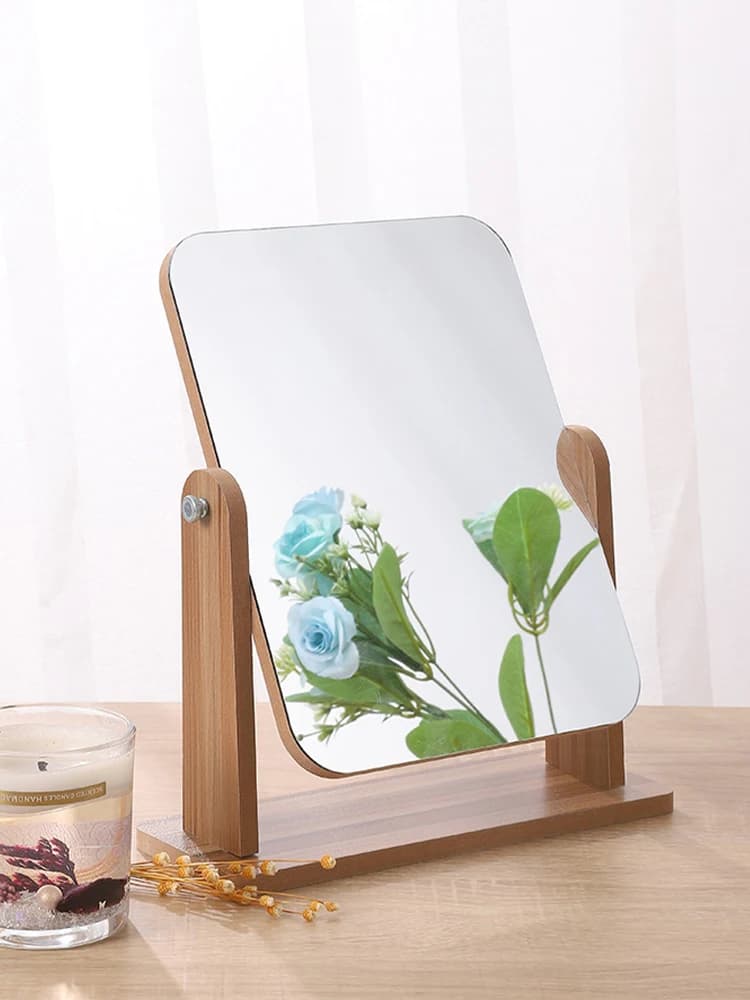 Travel Dresser Vanity Makeup Mirror with Wood Stand, 360 Degree Rotating Cosmetic Mirror, Portable Counter-top Mirror Bath Gifts