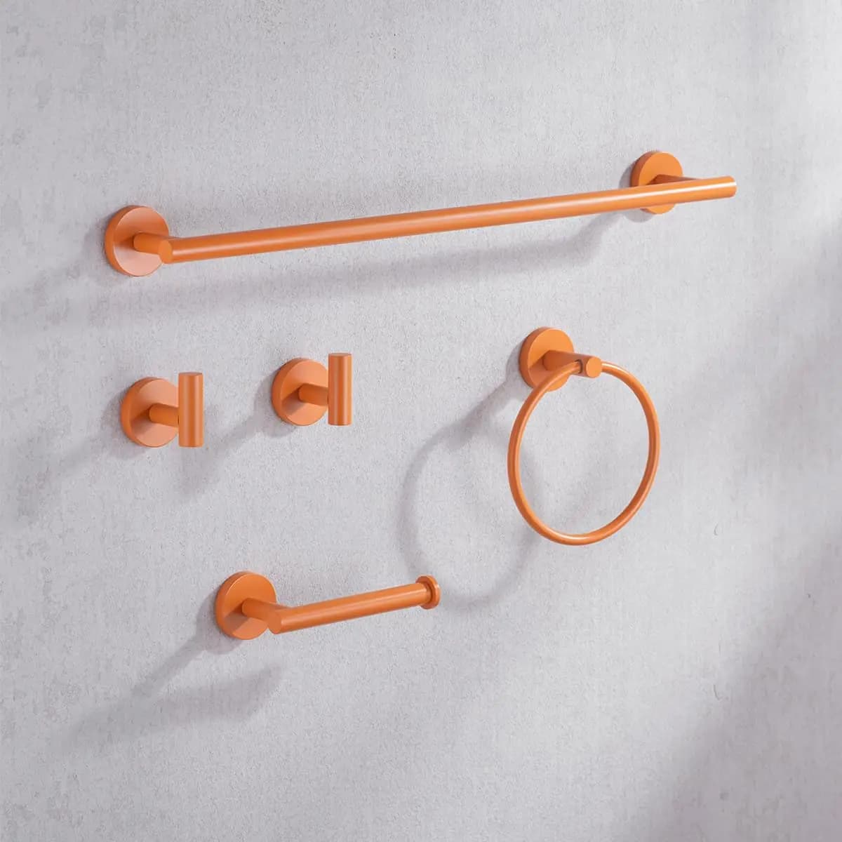 5-Piece Matte Orange Stainless Steel Bathroom Set: 23.6″ Towel Bar, Dual Hooks, Ring Holder, And Toilet Paper Rod