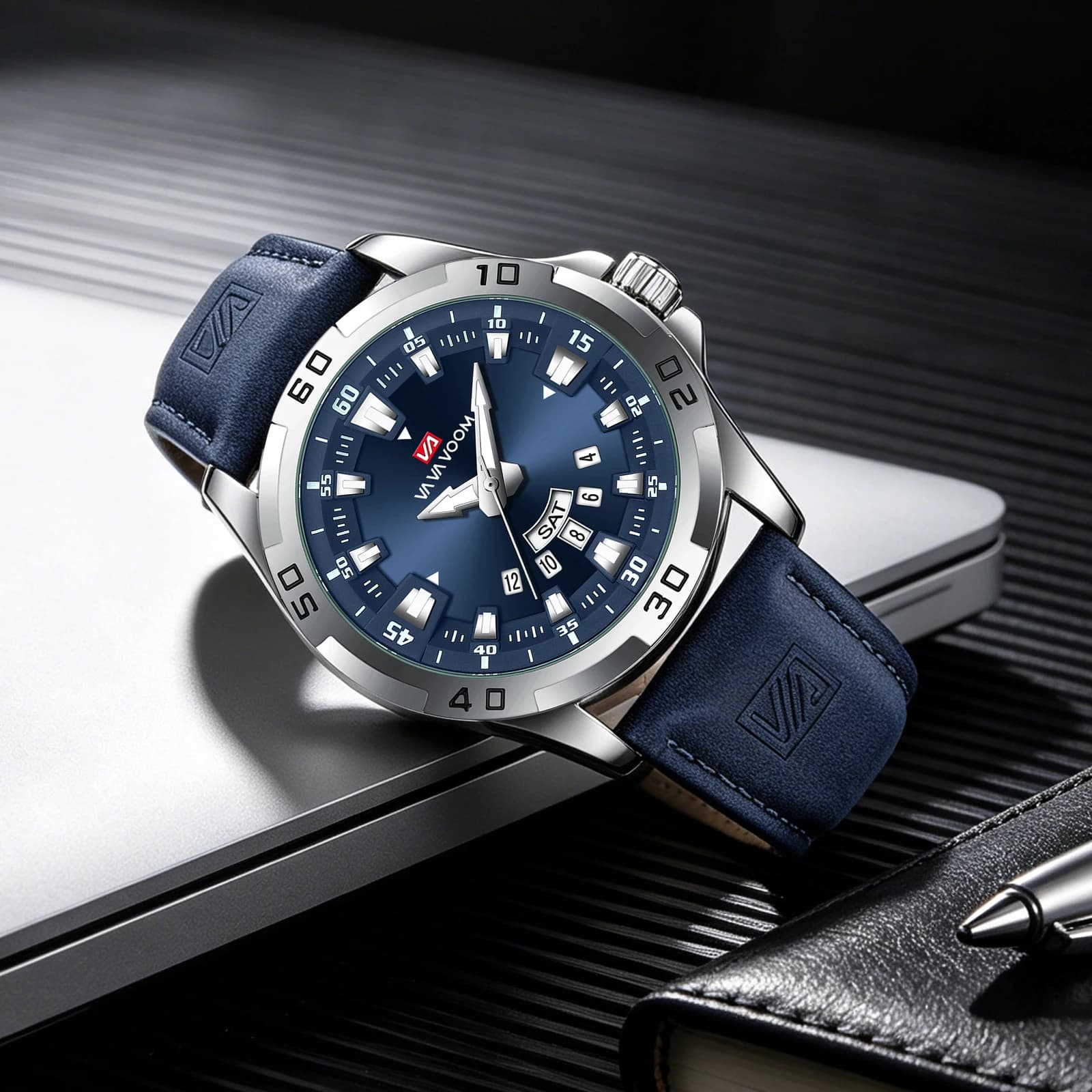VA VA VOOM Business Quartz Watch Men Silver Case Steel Watch 3Bar Leather Strap Sunday Date Enlarged Men's Timing Watches Reloj