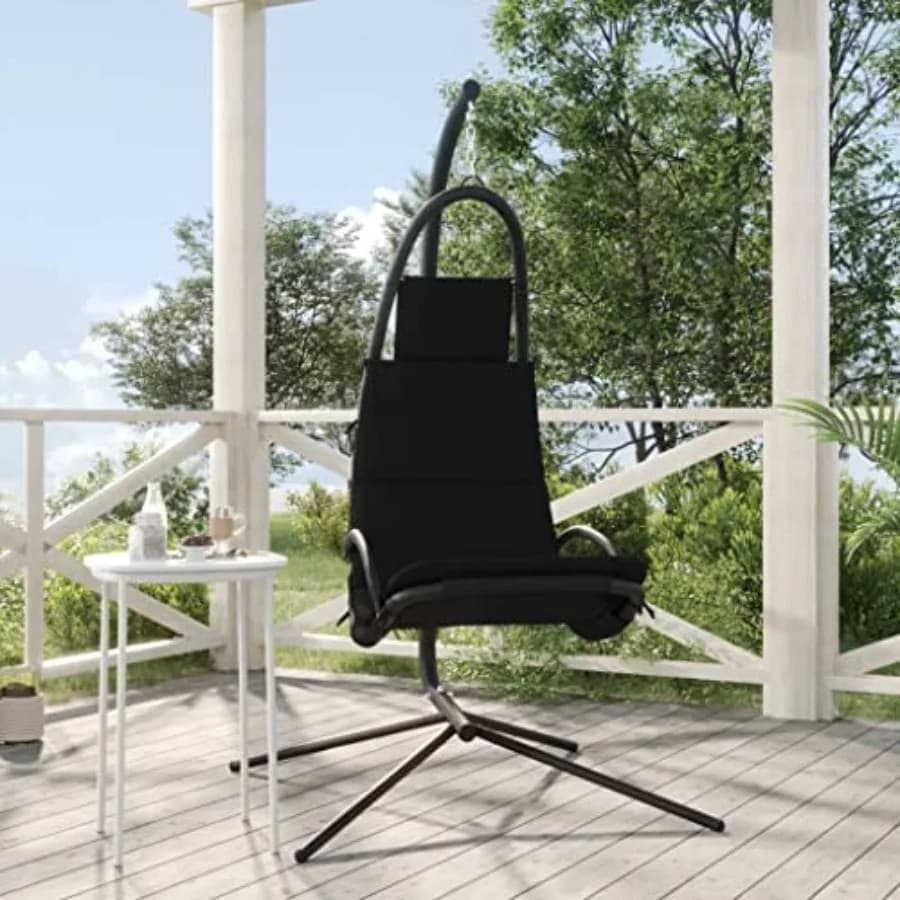 Sedia a dondolo da giardino in tessuto Oxford nero, design ergonomico, poltrona singola da esterno per patio con cuscino, ideale per piccoli portici o balconi