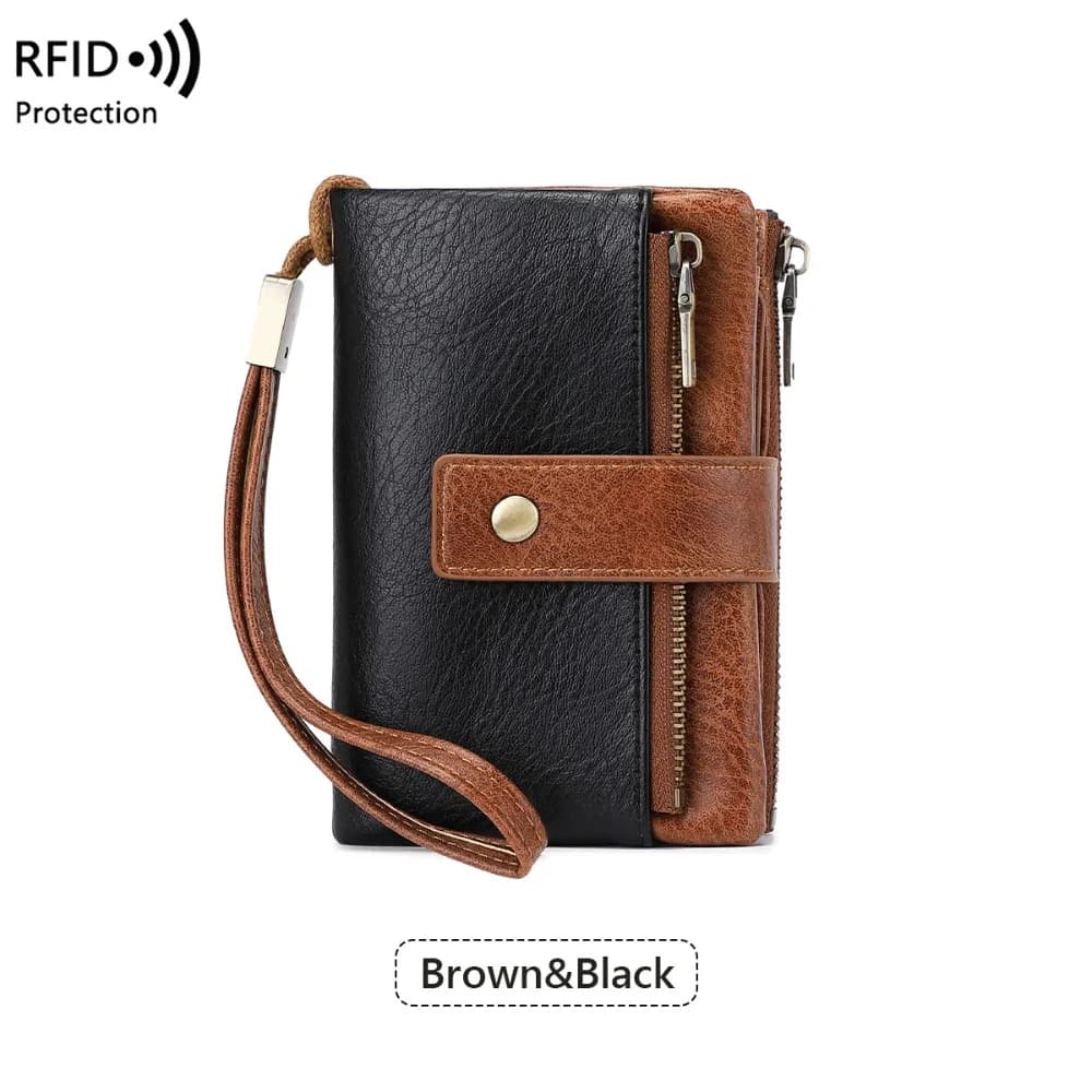 Portable RFID Blocking Short Wallet with Double Zipper with Wristlet Small Card Holder Multiple Card Slots Coin Purse