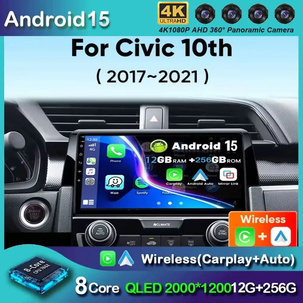 Andriod 15 car radio for Honda Civic 10th 10gen 2015 - 2021 Wireless Carplay multimedia player Android car WiFi 4G DSP