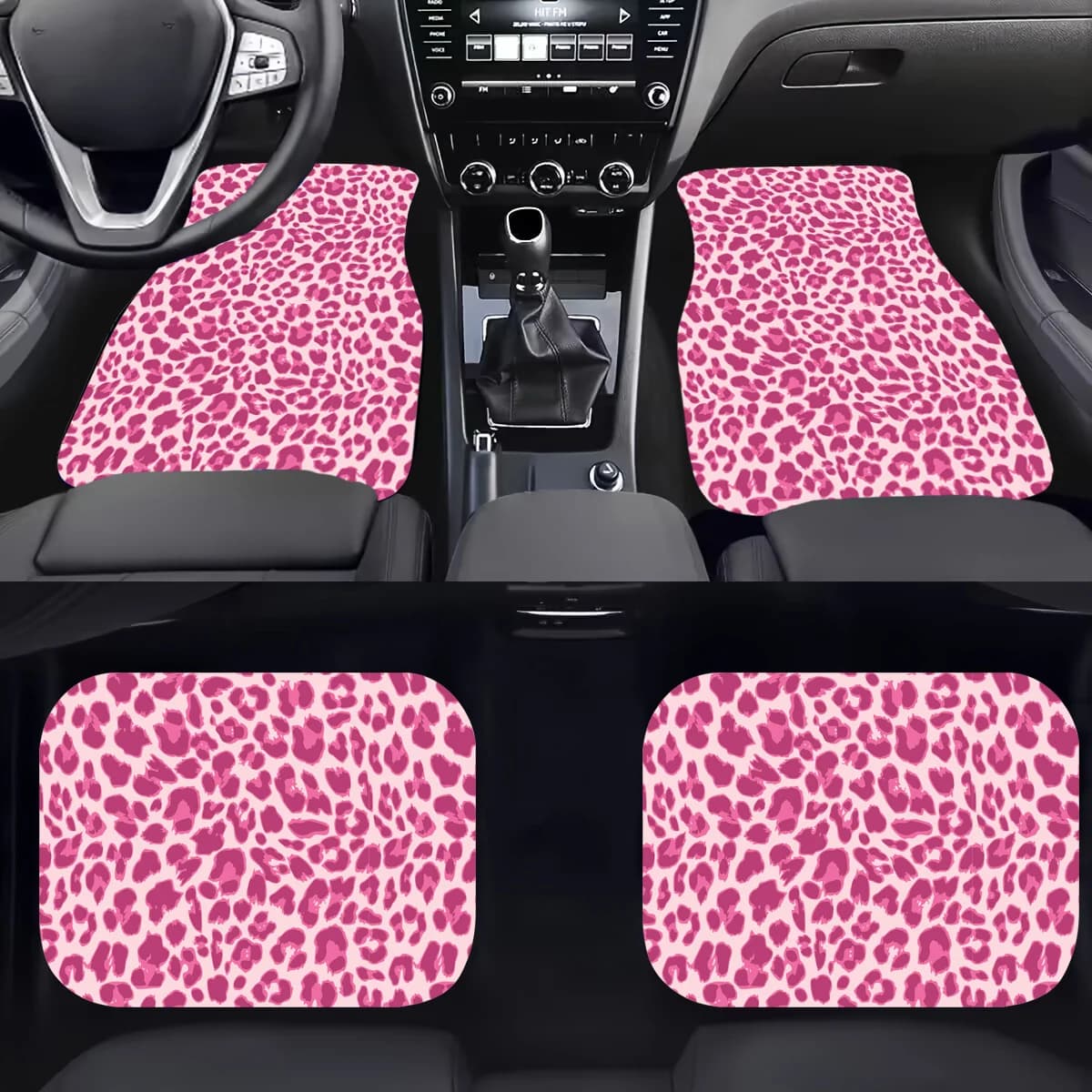 Tappetini per auto universali con stampa leopardata rosa da 4 pezzi, tappeto per auto antiscivolo in poliestere per la decorazione di interni dell'auto