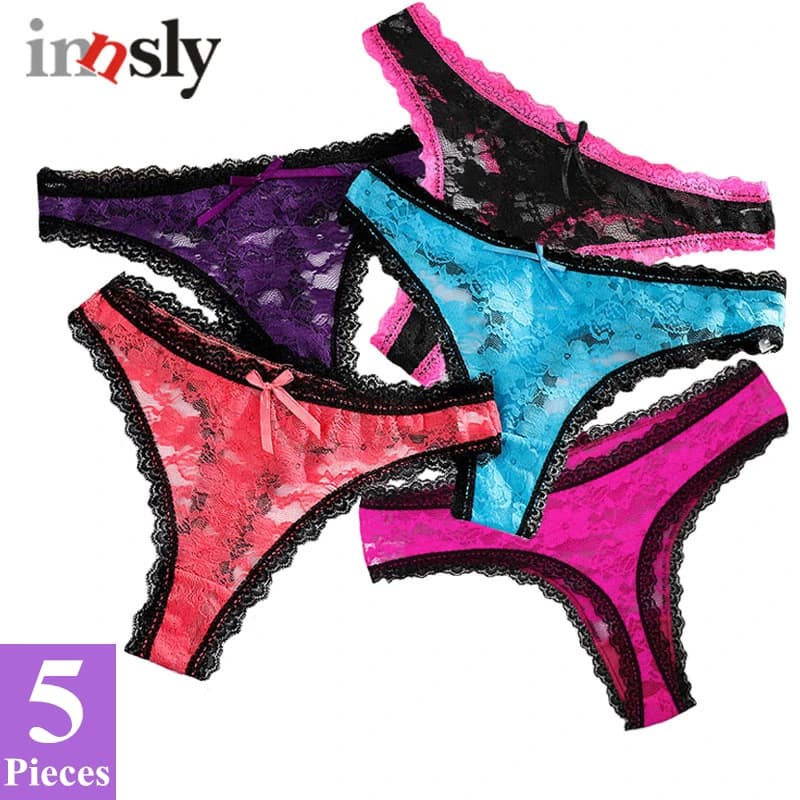 Set di 5 perizoma in pizzo da donna mutandine Sexy perizoma con Design floreale trasparente slip con cavallo in cotone a vita bassa Kit T-Back