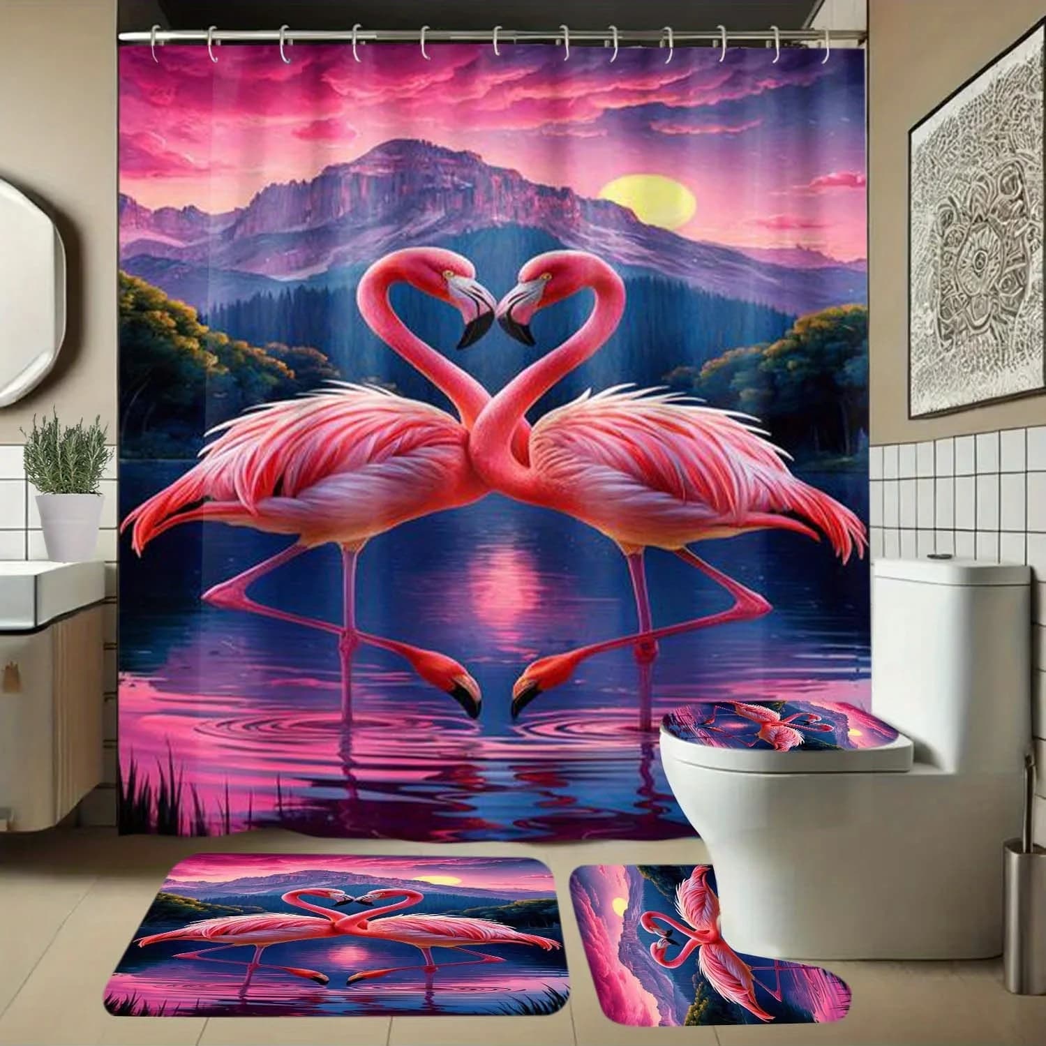 Set di tende da doccia con fenicotteri e tramonto da 4 pezzi - Fenicotteri rosa vibranti, lago sereno e paesaggio di montagna, lavabili in lavatrice
