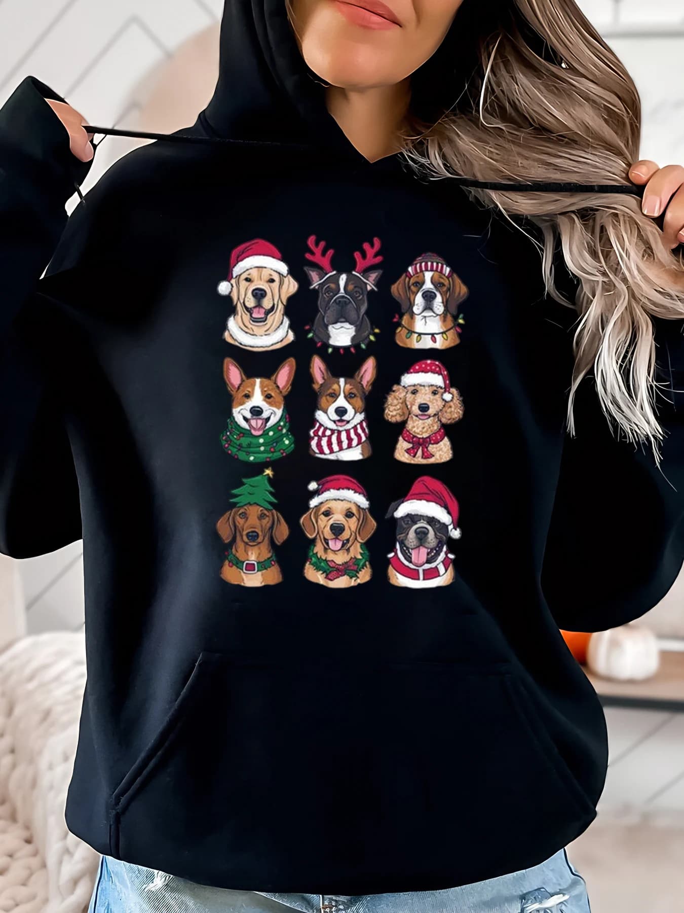 Hoodie with Christmas Dog Print for Holiday Casual Clothing Women Black Plus Size