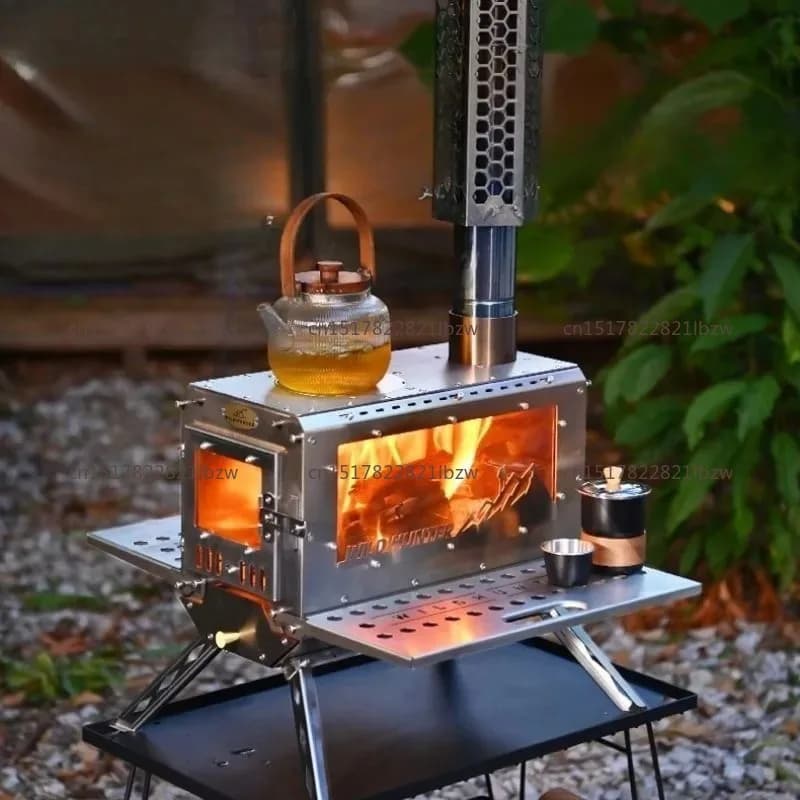 Portable 304 Stainless Steel Wood Burning Tent Stove with 3-Sided Glass & Foldable Design Camping tent heating