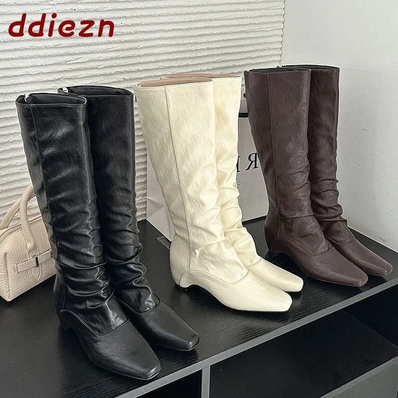 New Autumn Winter Elegant Women Knee High Boots Zippers Shoes Fashion Square Toe Low Heel Ladies Pumps Shoes Long Boots