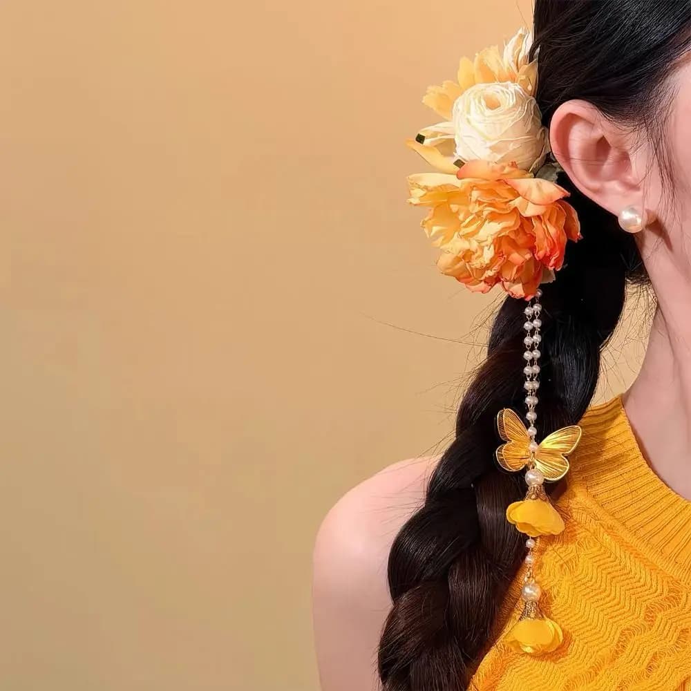Accessori per Capelli Hanfu con Nappine, Fermaglio Laterale Colorato in Stile Antico Cinese, Fiore per Capelli, Spilla per Capelli