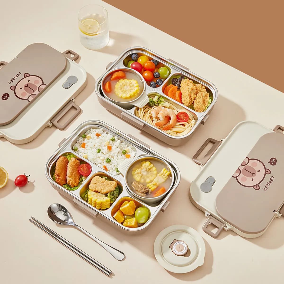 Capybara Set di contenitori per il pranzo in acciaio inossidabile 304 4/5 griglie Scatola per il pranzo portatile per bambini con ciotola per zuppa e posate Cassaforte per microonde