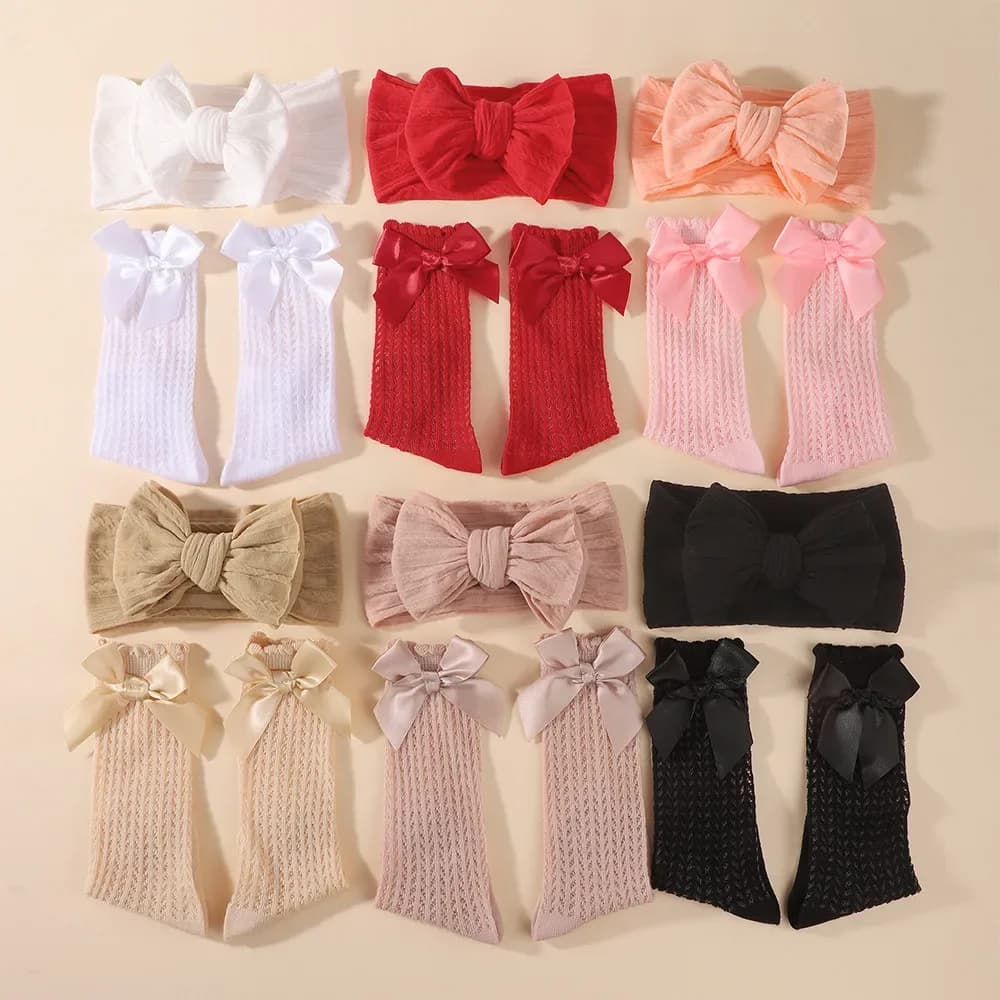 Set 2 Pezzi per Neonati: Fascia per Capelli con Fiocco e Calzini Lunghi, Morbida Fascia Elastica in Nylon per Bambine, Turbante con Fiocco, Regalo per Neonati
