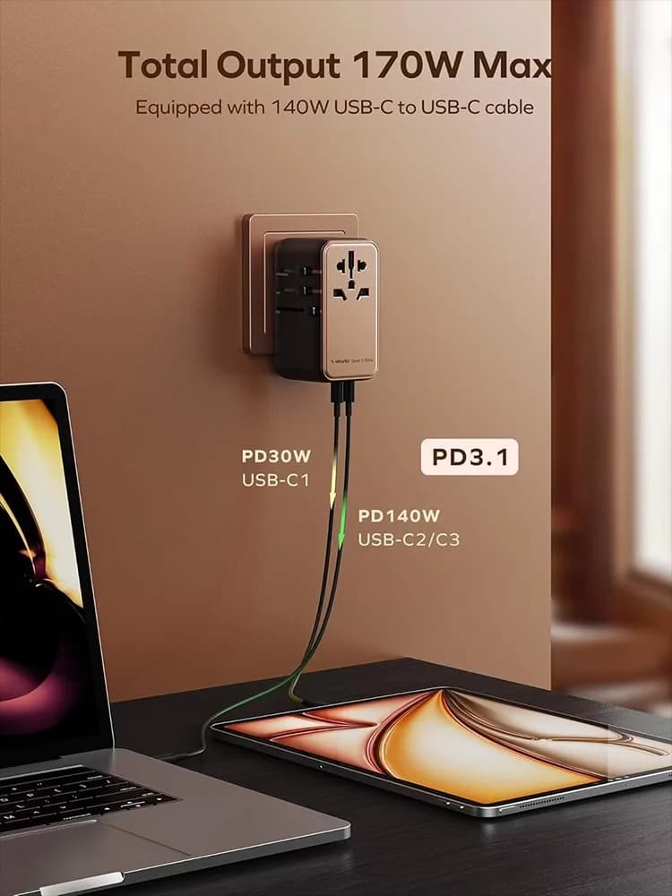 MOMAX Universal Travel Adapter, 170W GaN International Power Adapter, 3 USB-C 1 USB-A, Worldwide Travel Plug Adapter