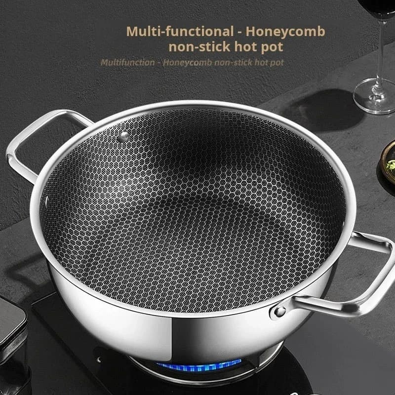 410 Stainless Steel Soup Pot Wok Frying Pan Honeycomb Non-stick Pan with Lid Home Hot Pan Induction Cooker Gas Stove Universal