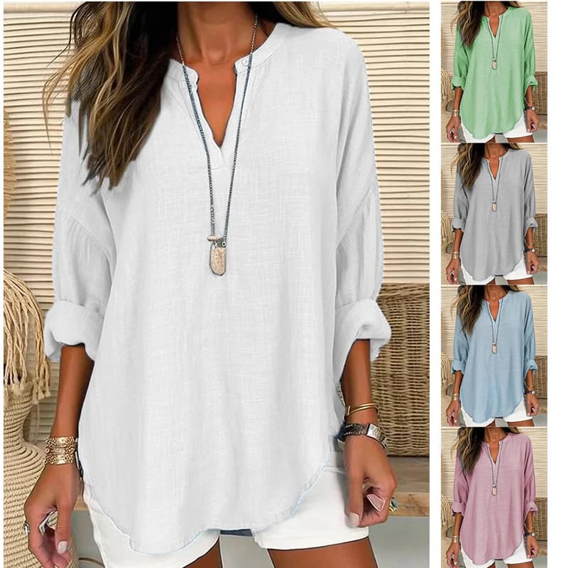 Women's cotton and linen blouse, spring-autumn V-neck loose large-sized casual top, versatile for daily commuting and all occasi