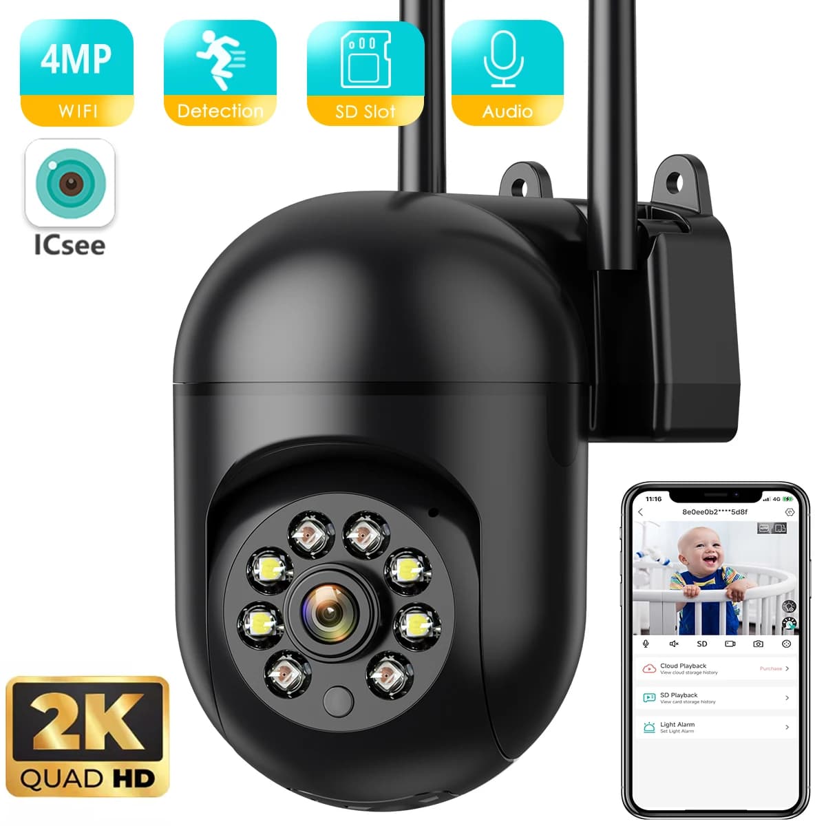 Telecamera WiFi esterna da 4MP 2K Visione notturna a colori AI Monitoraggio umano Zoom digitale 4X Monitor video di sicurezza di sorveglianza