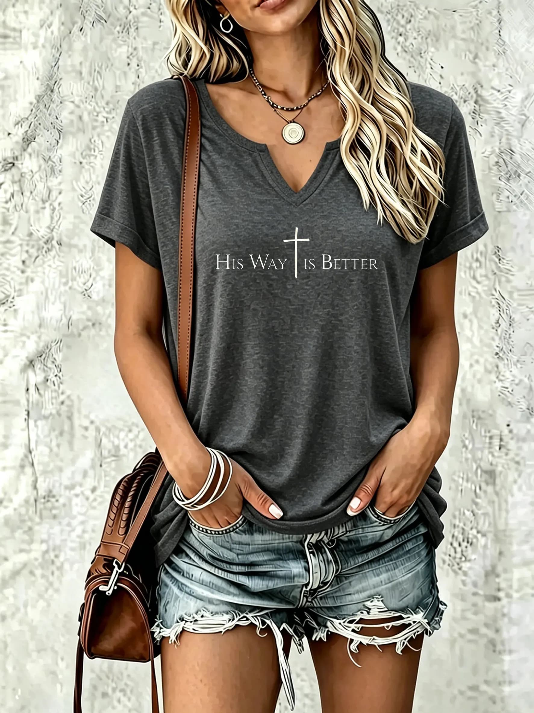 Women Summer V‑Neck Short Sleeve T‑Shirt,His Way Is Better Cross Christian Letter Graphic Print Casual Daily Women Tees Top