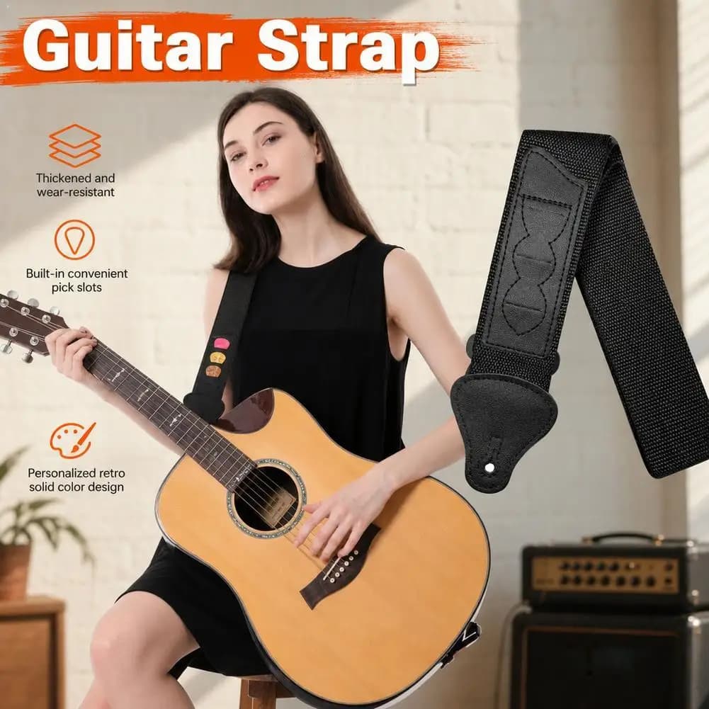 Guitar Strap 3 Pick Holder Leather Ends Electric Acoustic Bass Retro Adjustable Thickened Shoulder Belt Ukulele Accessories