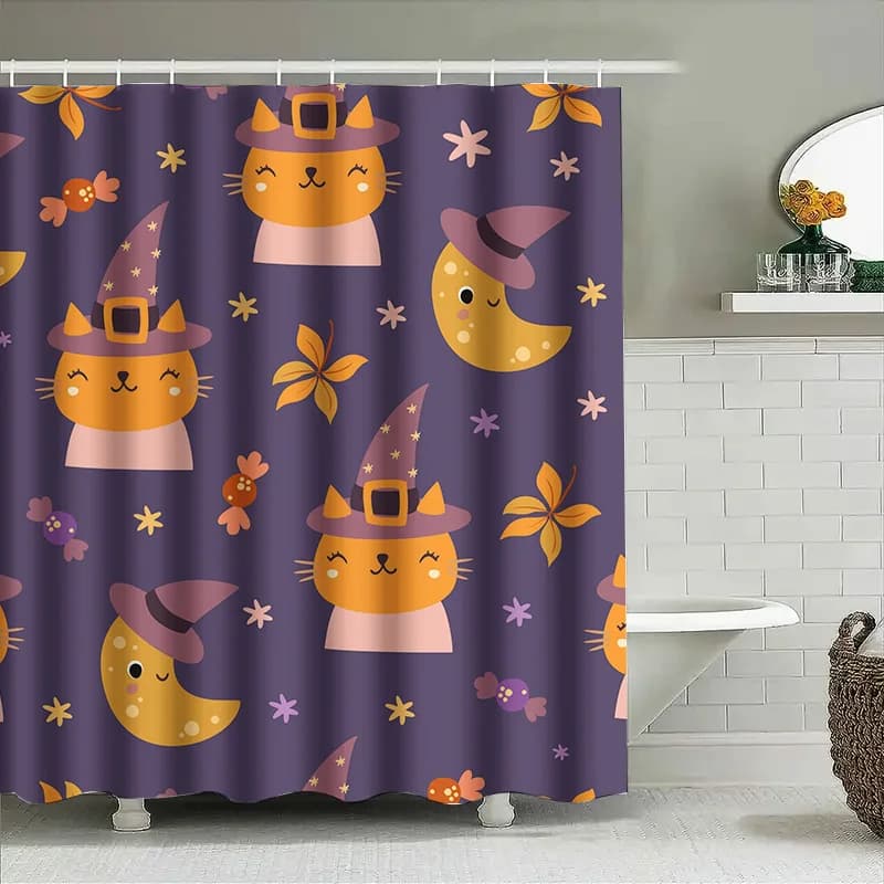 Tuniu Simpatico cartone animato Gatti e streghe Tenda da doccia Divertente arredamento da bagno per bambini e adulti Regalo di Halloween