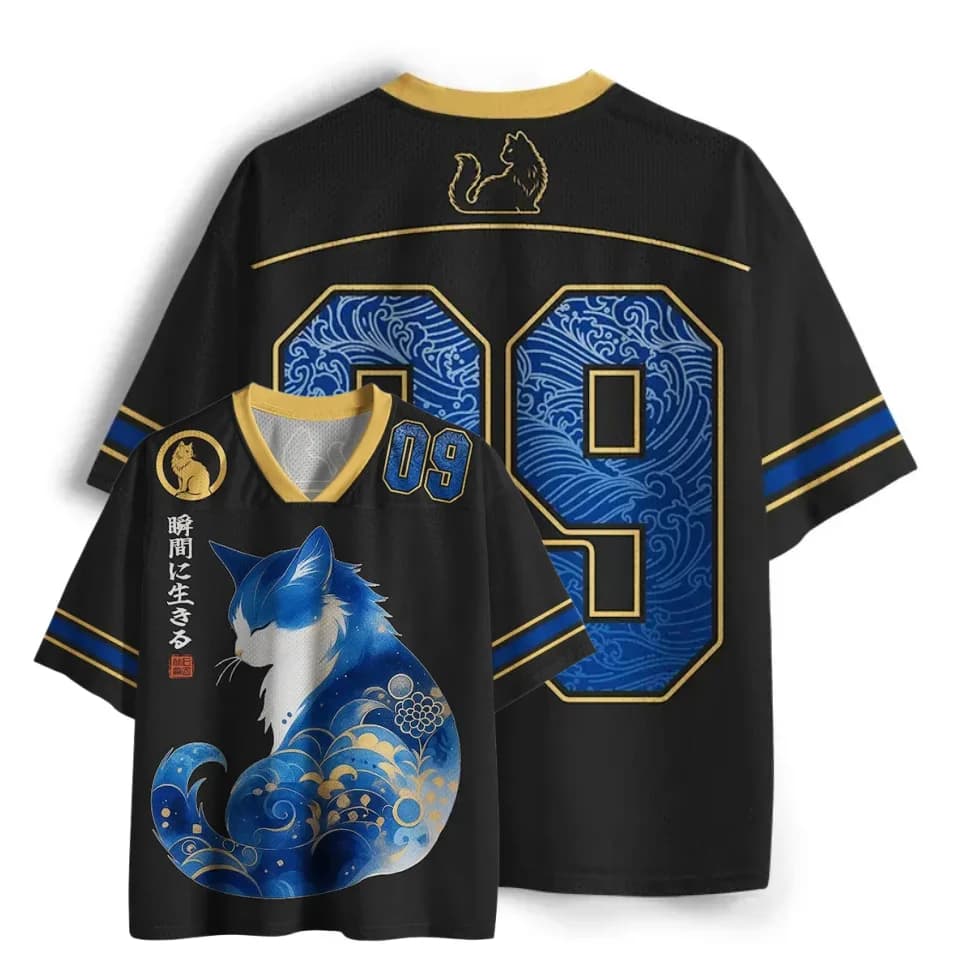 Maglia da calcio giapponese Ukiyo-e Blue Cat per uomo e donna, numero 09, motivo a onde, vintage, con scollo a V, streetwear