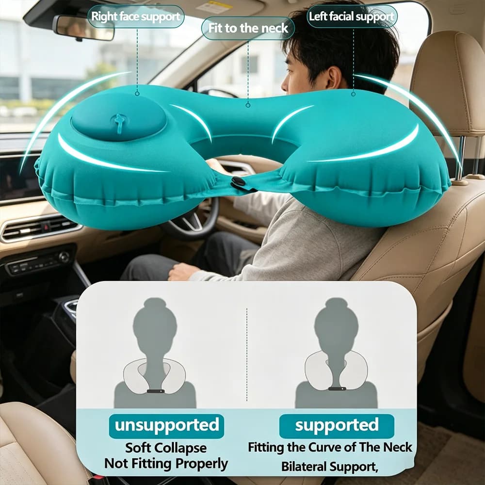 Cuscino da Viaggio Gonfiabile Compatto e Riutilizzabile a Forma di U, Riempimento Rapido dell'Aria per Viaggi, Campeggio, Auto
