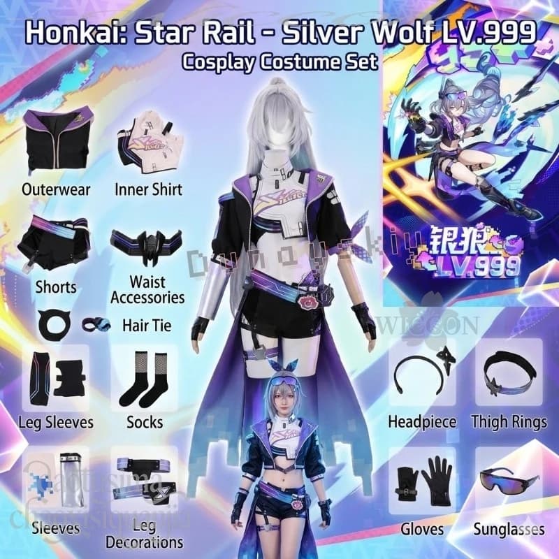 Costume Cosplay Anime Game Honkai: Star Rail Silver Wolf LV.999 Nuovo Outfit Y2K Moda Punk Nero Viola Blu Abito Sexy Bikini Mantello Parrucche