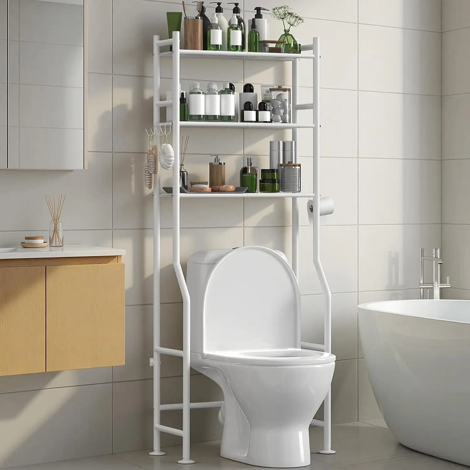 Organizzatore a 3 livelli da posizionare sopra il WC, scaffale salvaspazio per bagno con porta carta igienica e 4 ganci, alto 64 pollici, autoportante, in carbonio.