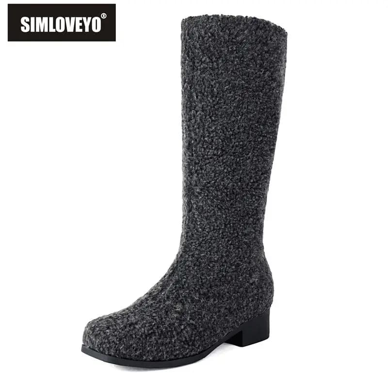 SIMLOVEYO Flock Stivali invernali caldi Slip On Big Size 42 43 Tempo libero quotidiano Stivali alti al ginocchio morbidi Vendita su punta quadrata Tacchi grossi 3,5 cm
