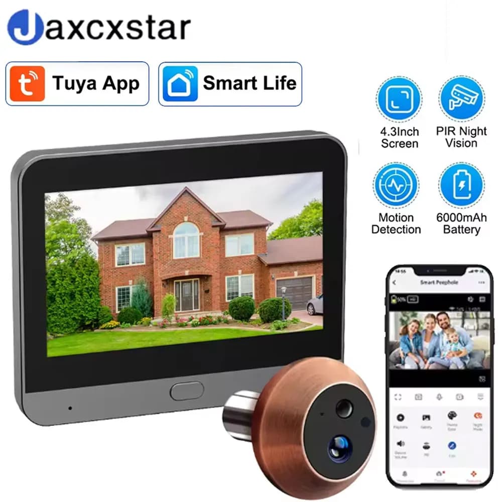 Telecamera Spioncino WiFi Tuya Smart Life Mini 5MP con Schermo da 4,3 Pollici, Batteria da 5000mAh e Allarme di Movimento PIR per la Sicurezza Domestica