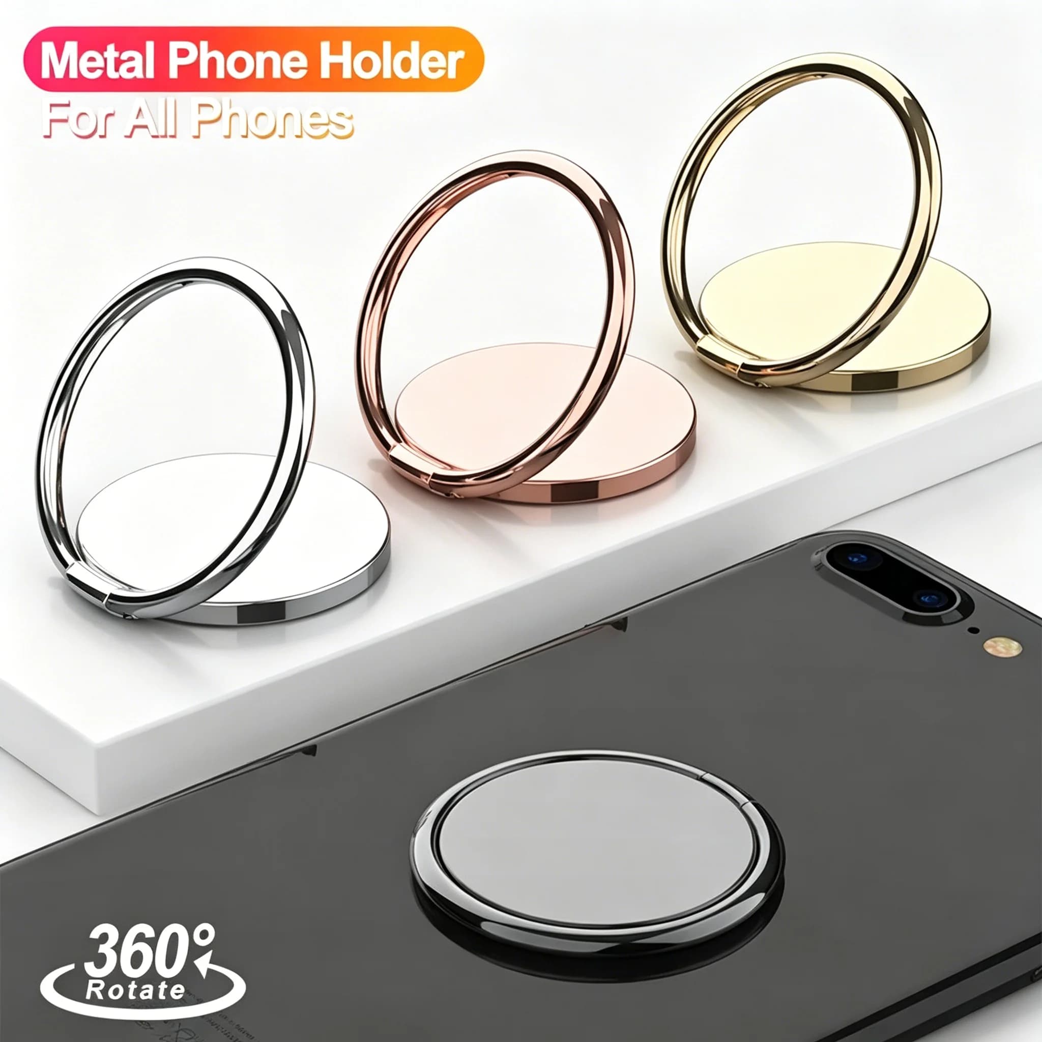 360° Rotatable Universal Finger Ring Phone Holder Magnetic Metal Ring Stand, Portable Multi-Angle Mobile Phone Bracket Sticker