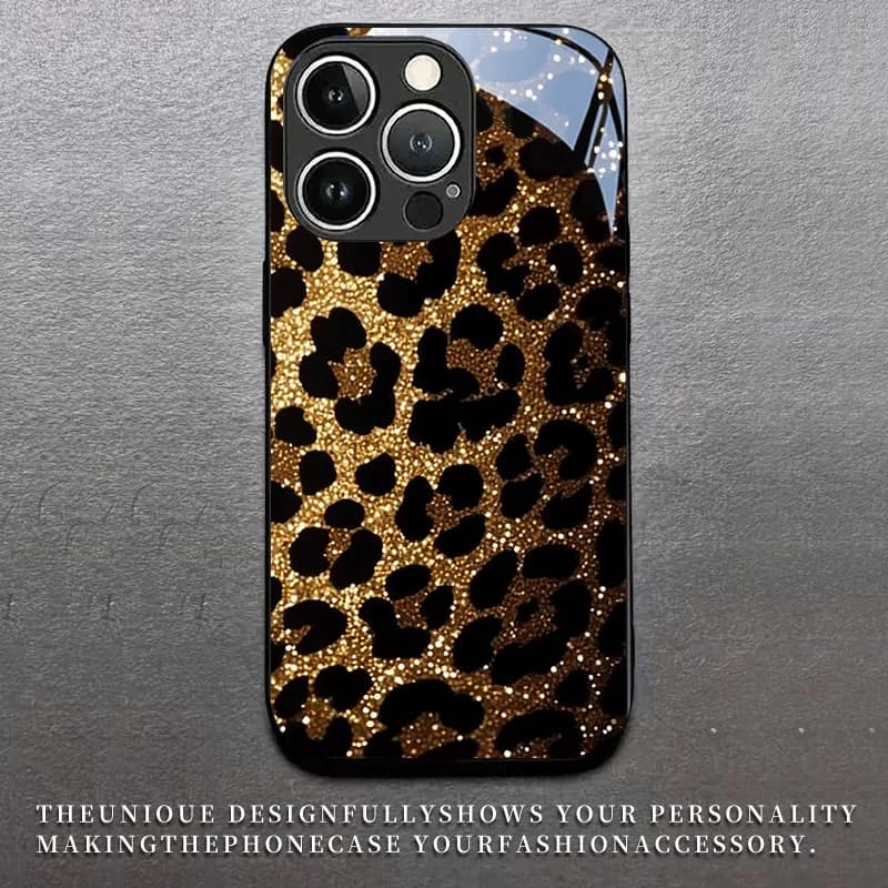 Golden Flash Leopard Pattern Tempered Glass Phone Case For iPhone 17 Pro Max 11 12 13 14 15 16 Pro 17 Air 7 8 Plus XS X XR Cover