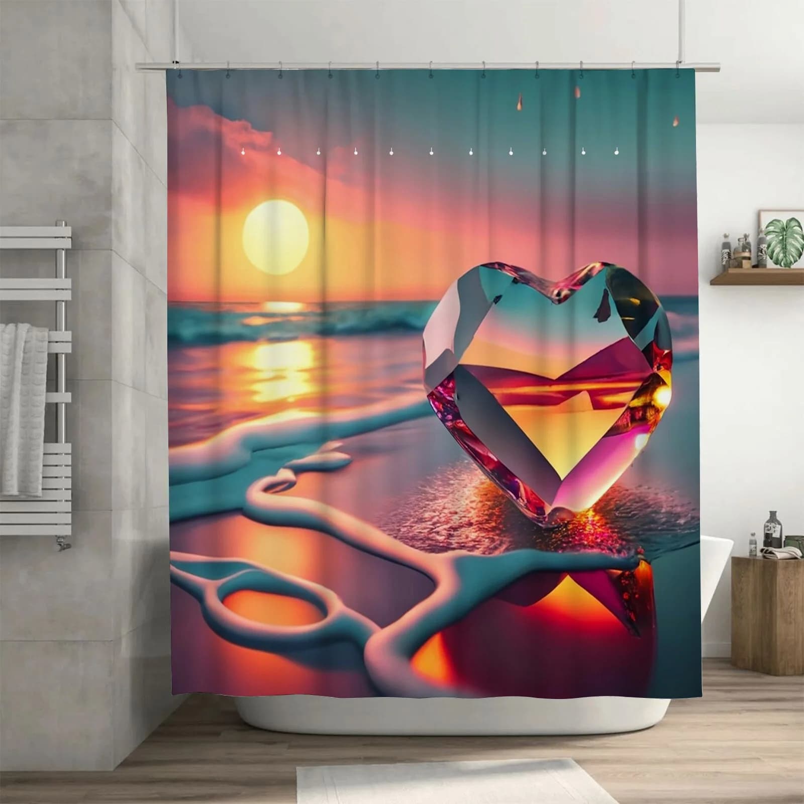 Tenda da doccia al tramonto con cuore di cristallo 3D | Decorazione romantica per il bagno sulla spiaggia