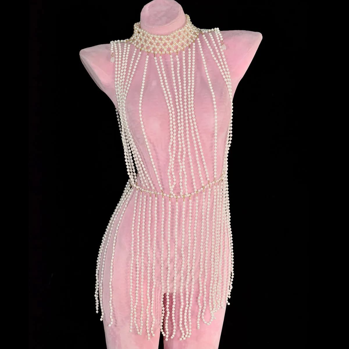 Classic Long Tasseled Faux Pearl Dress Stylish Handmade Bead Weaving Accessories Stage Show Party Body Chain