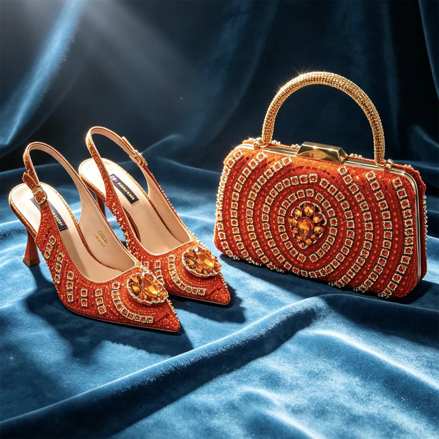Italian Fashion Sandals and Bag Matching Set 2026 Women Party Perfect Matching for Orange Color Wedding Shoes, Elegant Rhineston