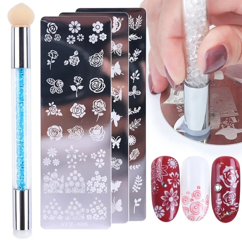Set di Piastre per Stamping Unghie, Pennello in Silicone, Timbro per Nail Art, Stencil per Trasferimento Smalto, Modelli Floreali e Geometrici, Strumenti per Manicure-XY