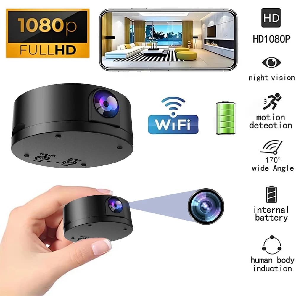 Telecamera WiFi Wireless HD 1080p, Mini Telecamera con Visione Notturna, Rilevatore di Movimento e Suono, Angolo Ampio 170 Gradi, Micro Baby Monitor