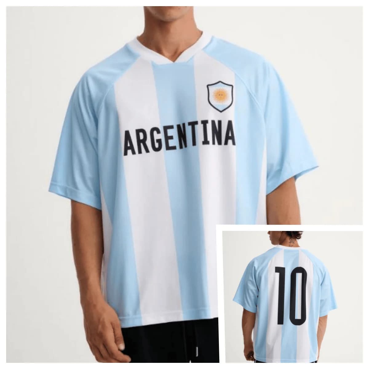 Blue and White Color Scheme Fashion Print Argentina # 10 # Short Sleeved Retro V-neck Loose Casual Sports Quick Drying T-shirt