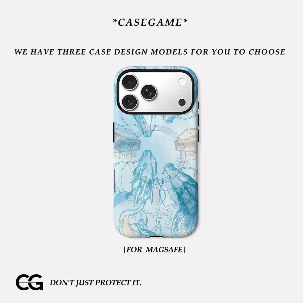 Casegame Cover Opaca Antiurto per iPhone 17 16 15 14 Plus 13 Pro Max con Bumper per MagSafe, in PC Rigido, Blu Chiaro con Drago