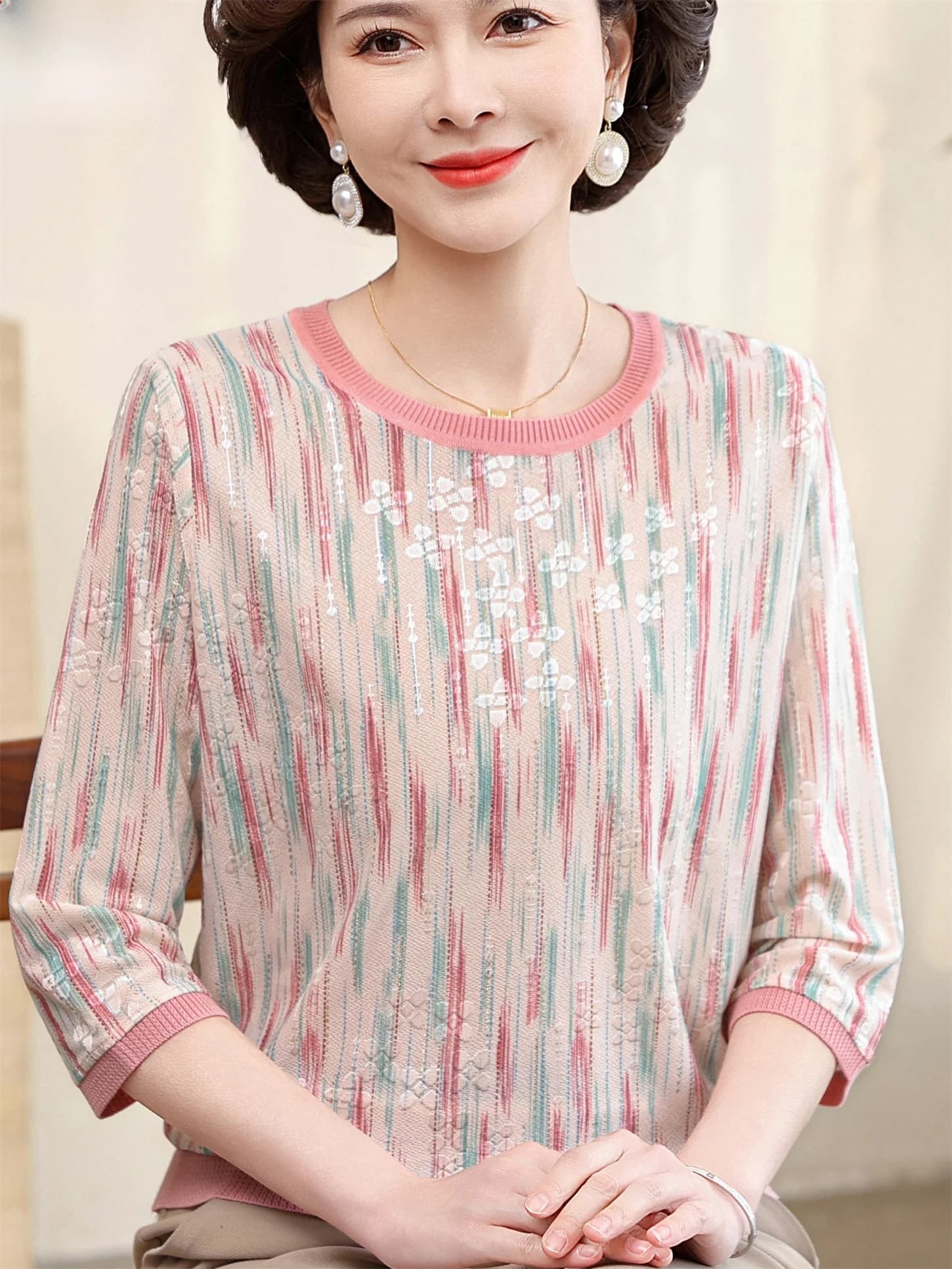 Spring Summer Thin Knitted Ice Silk round Neck T-Shirt Women's Fashionable Mommy Style Top Lightweight Breathable Casual Wear
