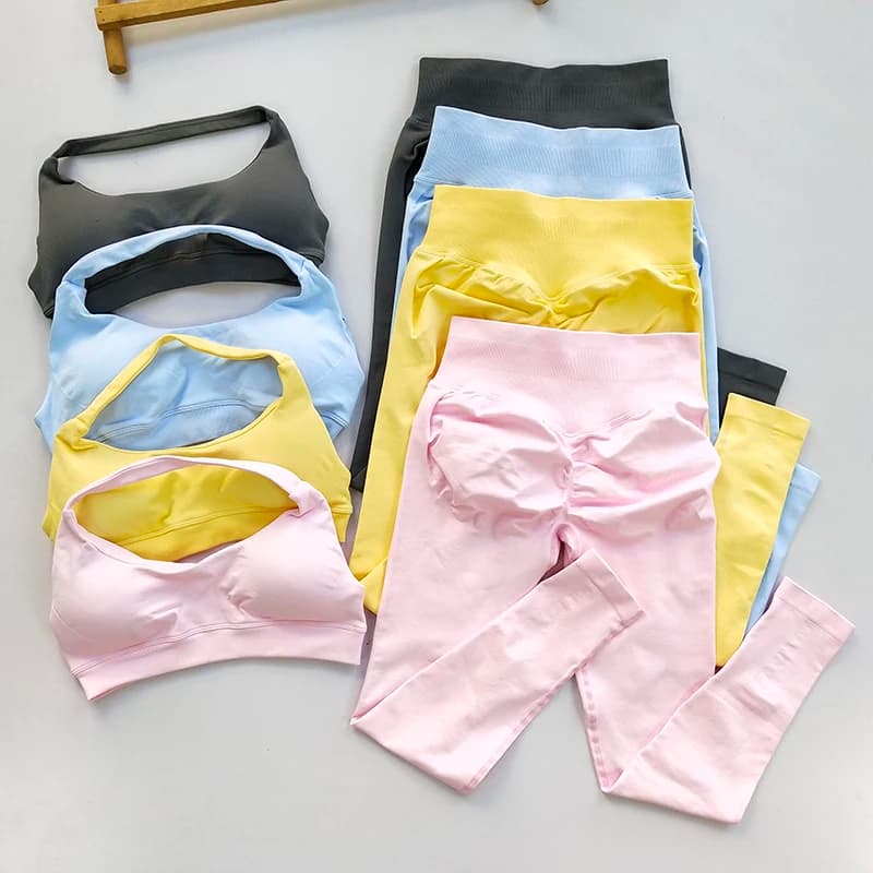 Women's Running Sport Suit 2 pcs Set Seamless Yoga Straps Slim Beautiful Back Fitness Bras Gym Set of leggings color high waist fishing