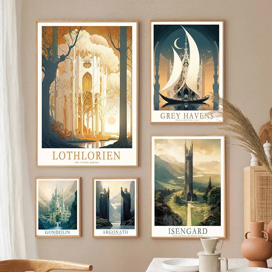 1PC frameless decorative art print,1pc frameless Ring Middle-Earth retro travel poster Dark Forest or Tank Tower movie Wall Art