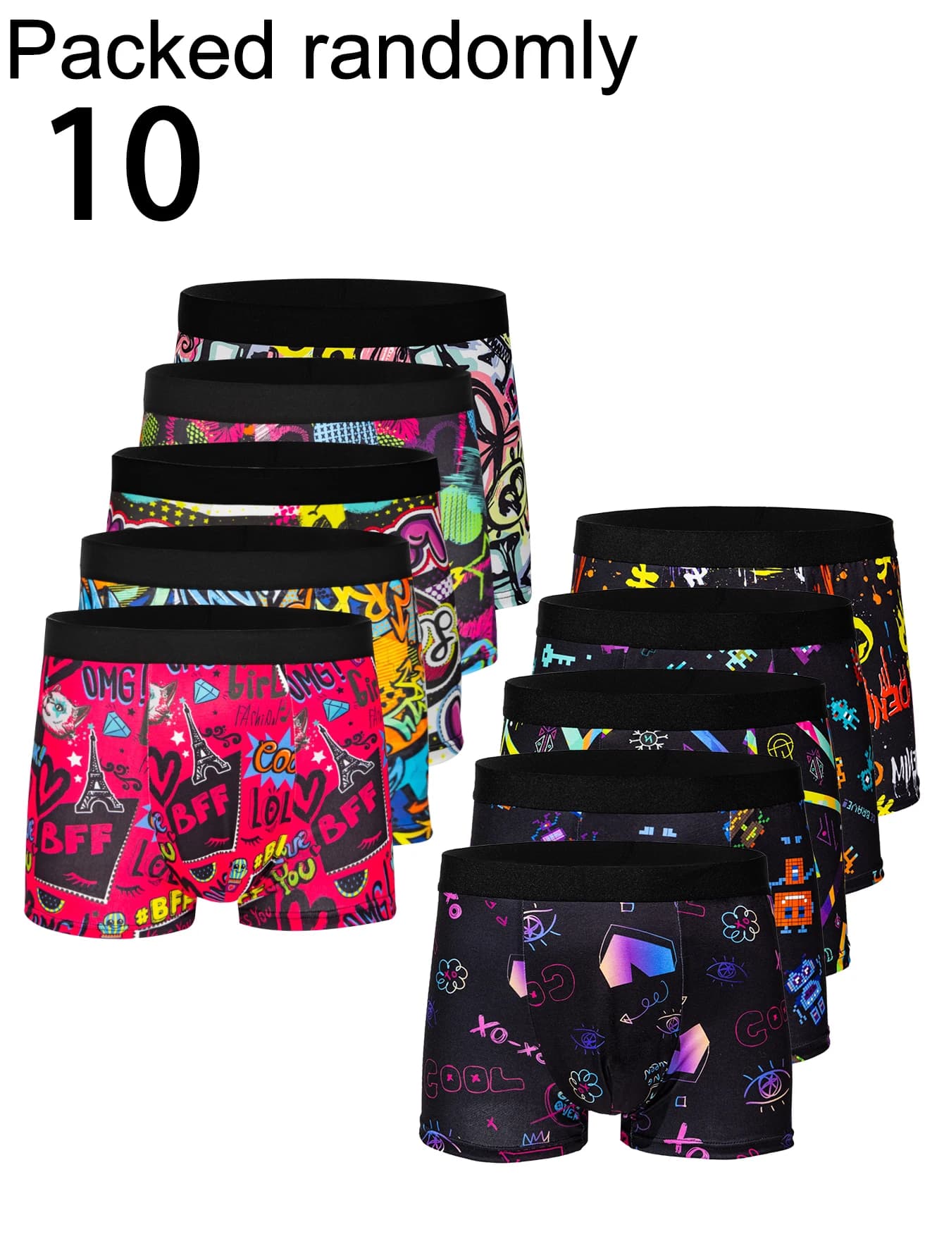 10-Pack Cool Graffiti Black Bottom Boxer Briefs for Men with Colorful Letter Print Youth Socks Random Pattern Delivery Soft Men'