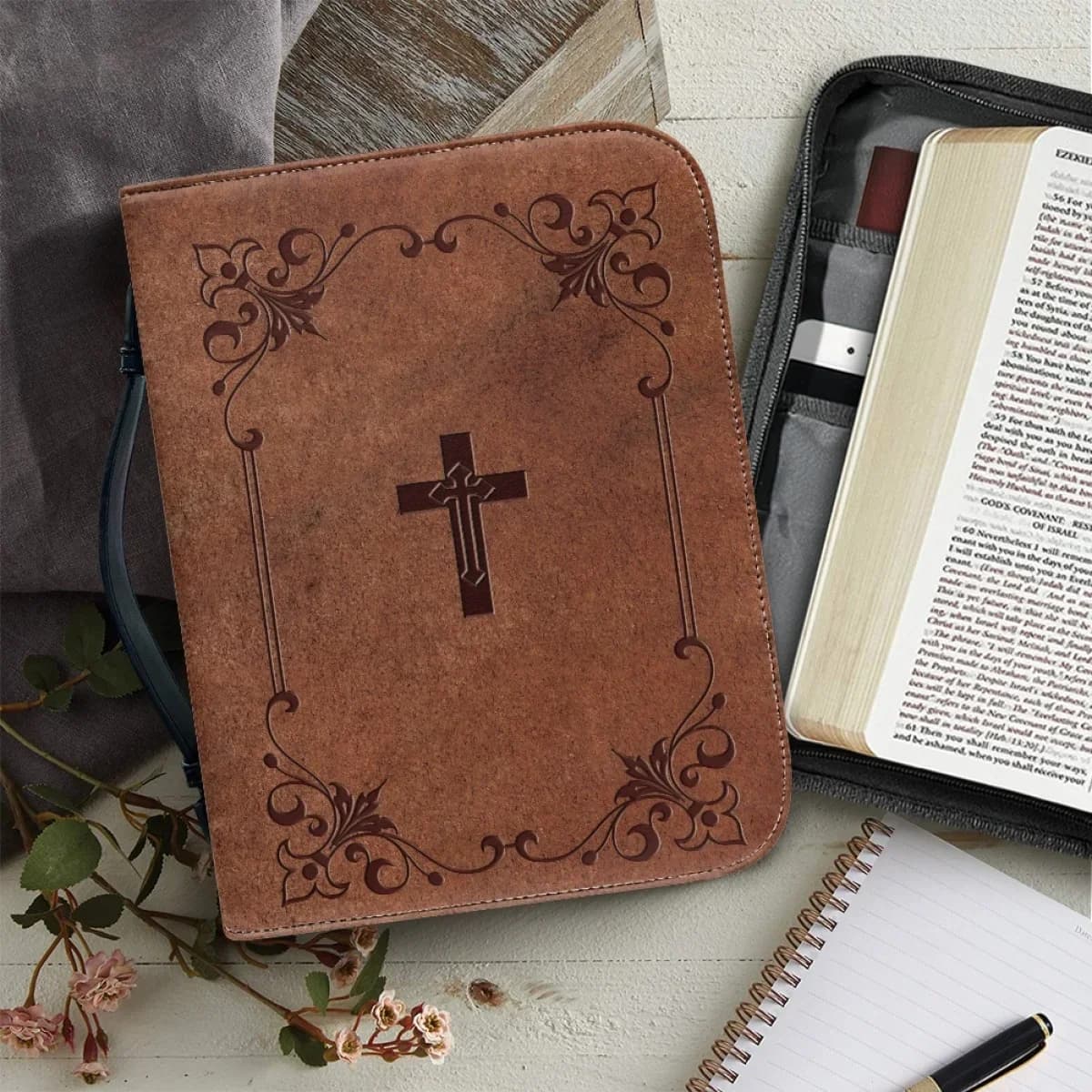Borsa Classica in Pelle Stampata per Bibbia da Donna, con Cerniera e Manico, Custodia Personalizzata per Istanziari, Borsa da Trasporto e Conservazione Personalizzabile