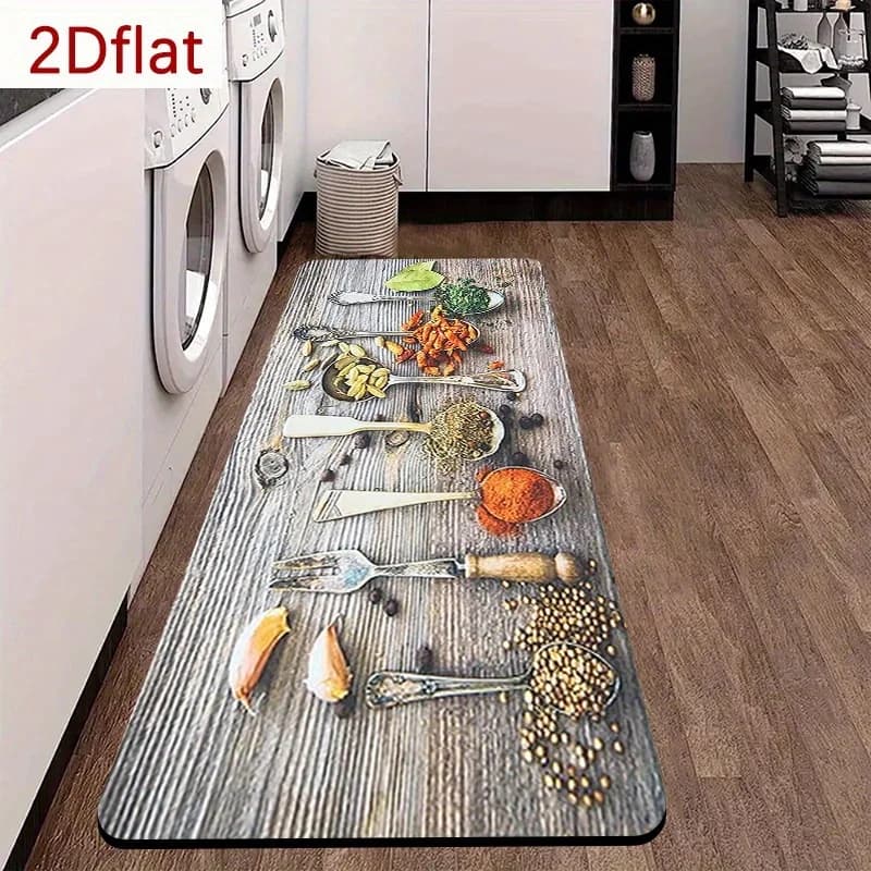 Tappetino da Cucina e Bagno Vintage con Stampa Spezie ed Erbe, Antiscivolo, Morbido e Assorbente, Lungo Tappeto con Stampa Cucchiaio in Legno per Bagno e Cucina